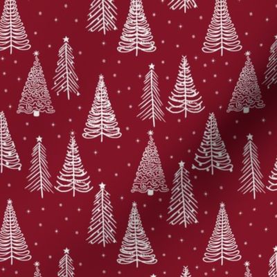White Winter Christmas trees on Burgundy Red with stars, snowflakes and decorations