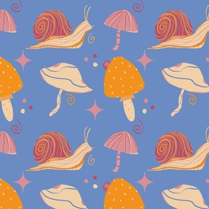 Snail and mushrooms - pink, orange with blue background