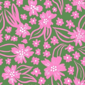 Pink Flowers on Green Background 