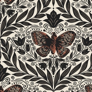 Butterfly damask - off white , black, rust. Vintage floral. // Big Scale