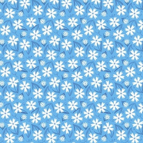 White Daisy Flowers Meadow on Cornflower Blue Background Tossed Non-Directional | Spring Summer Gardening Floral
