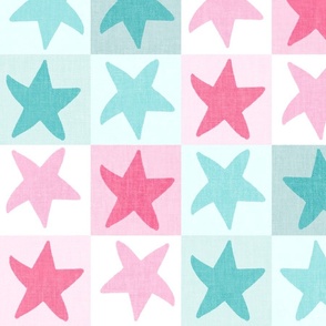 Festive Christmas stars green and  pink checkerboard check linen texture