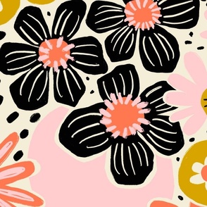 Non-directional modern flowers. Pink, orange, peach, gold, and black florals on white background. Asian-style florals - Large