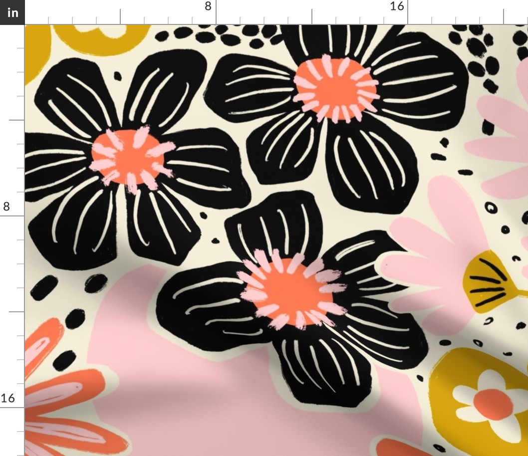 Non-directional modern flowers. Pink, orange, peach, gold, and black florals on white background. Asian-style florals - Large
