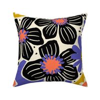 Non-directional modern flowers. Blue, Golden Yellow, Orange, and black florals on off white background. Asian-style florals - Large