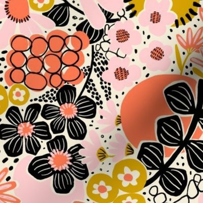 Non-directional modern flowers. Pink, orange, peach, gold, and black florals on white background. Asian-style florals - Small