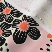 Non-directional modern flowers. Pink, orange, peach, gold, and black florals on white background. Asian-style florals - Small