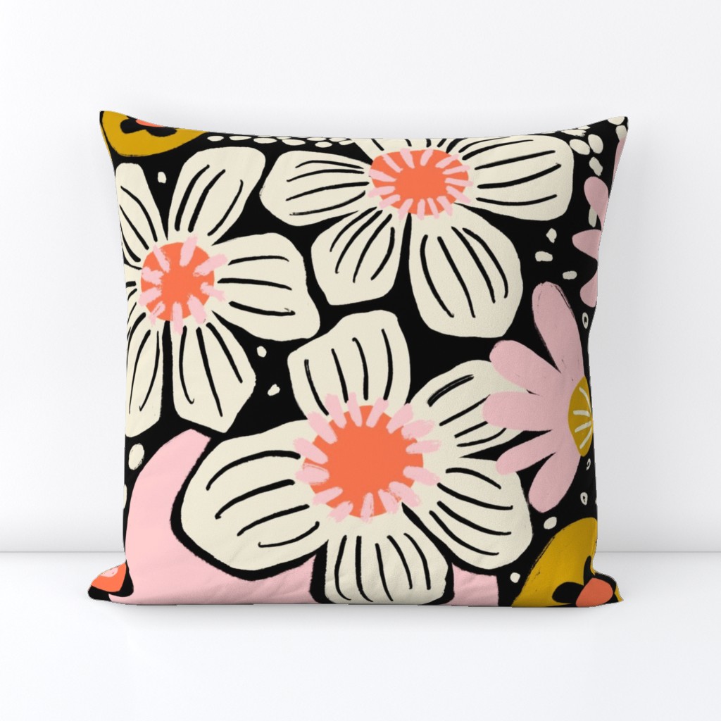 Non-directional modern flowers. Pink, orange, peach, gold, and white florals on black background. Asian-style florals - Large