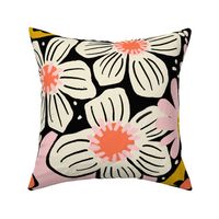 Non-directional modern flowers. Pink, orange, peach, gold, and white florals on black background. Asian-style florals - Large
