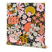 Non-directional modern flowers. Pink, orange, peach, gold, and white florals on black background. Asian-style florals - Large