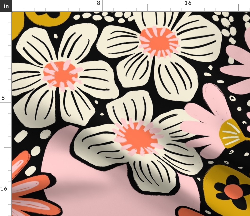 Non-directional modern flowers. Pink, orange, peach, gold, and white florals on black background. Asian-style florals - Large