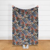 Non-directional modern flowers. Blue, brown, rusty red, black florals on off-white background. Asian-style florals - Medium