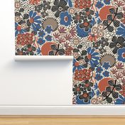 Non-directional modern flowers. Blue, brown, rusty red, black florals on off-white background. Asian-style florals - Medium