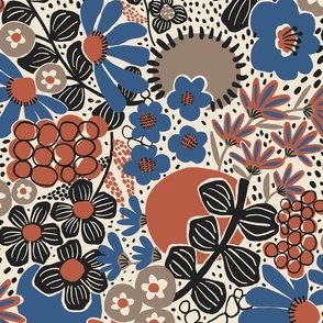 Non-directional modern flowers. Blue, brown, rusty red, black florals on off-white background. Asian-style florals - Medium