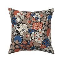 Non-directional modern flowers. Blue, brown, rusty red, white florals on black background. Asian-style florals - Small