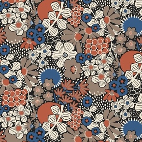 Non-directional modern flowers. Blue, brown, rusty red, white florals on black background. Asian-style florals - Small