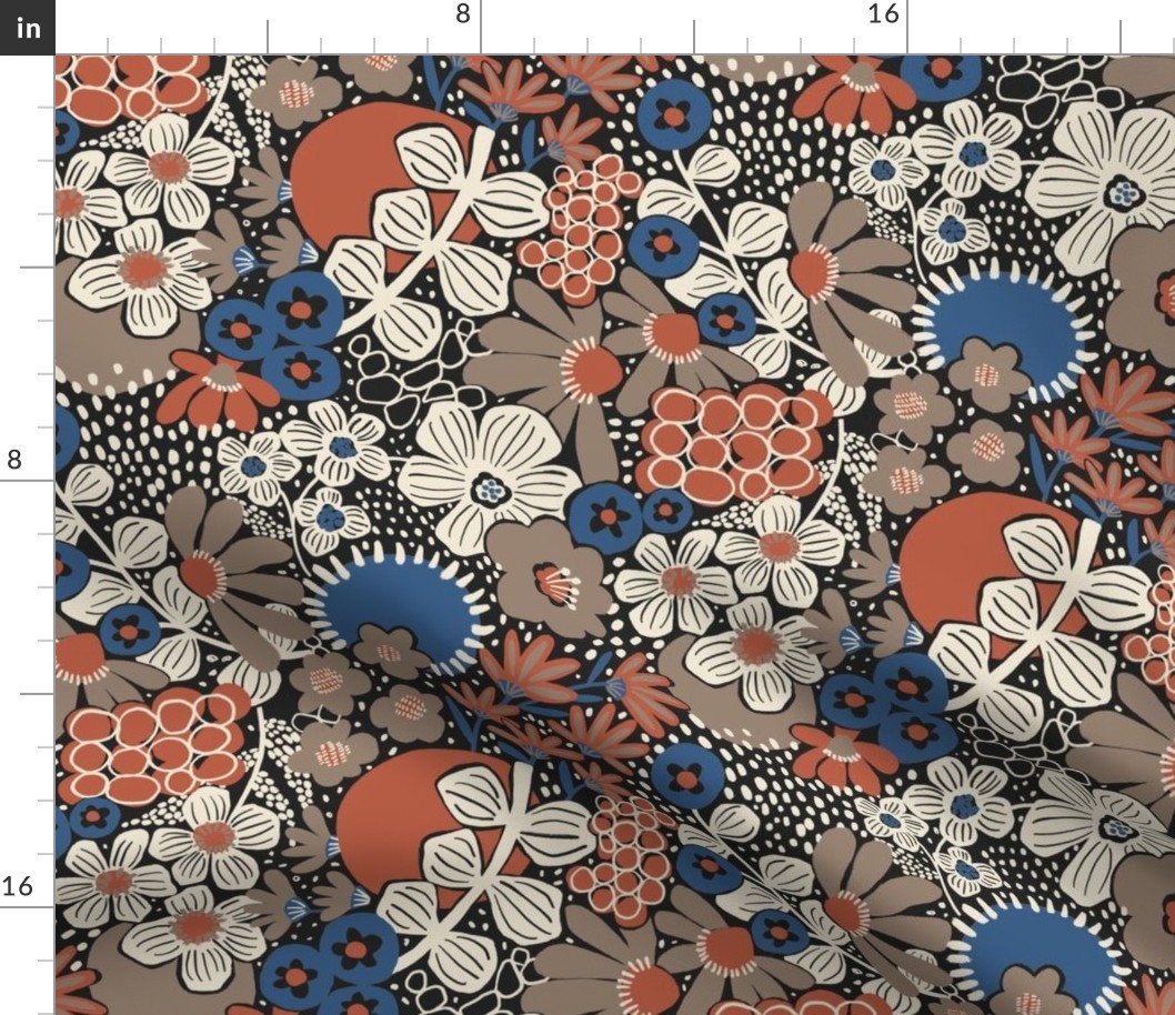 Non-directional modern flowers. Blue, brown, rusty red, white florals on black background. Asian-style florals - Small