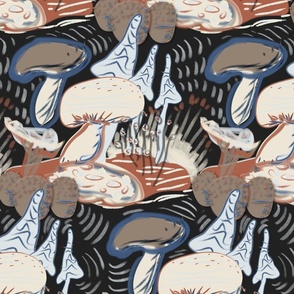 Trippy Psychedelic Mushrooms - Blue & Brown Sketchy Pattern on Black
