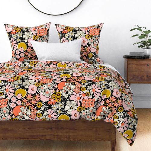 Non-directional modern flowers. Pink, orange, peach, gold, white florals on black background. Asian-style florals - Medium