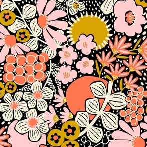 Non-directional modern flowers. Pink, orange, peach, gold, white florals on black background. Asian-style florals - Medium