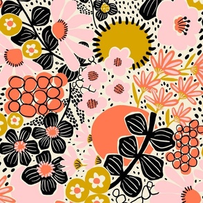 Non-directional modern flowers. Pink, orange, peach, gold, white florals on black background. Asian-style florals - Medium