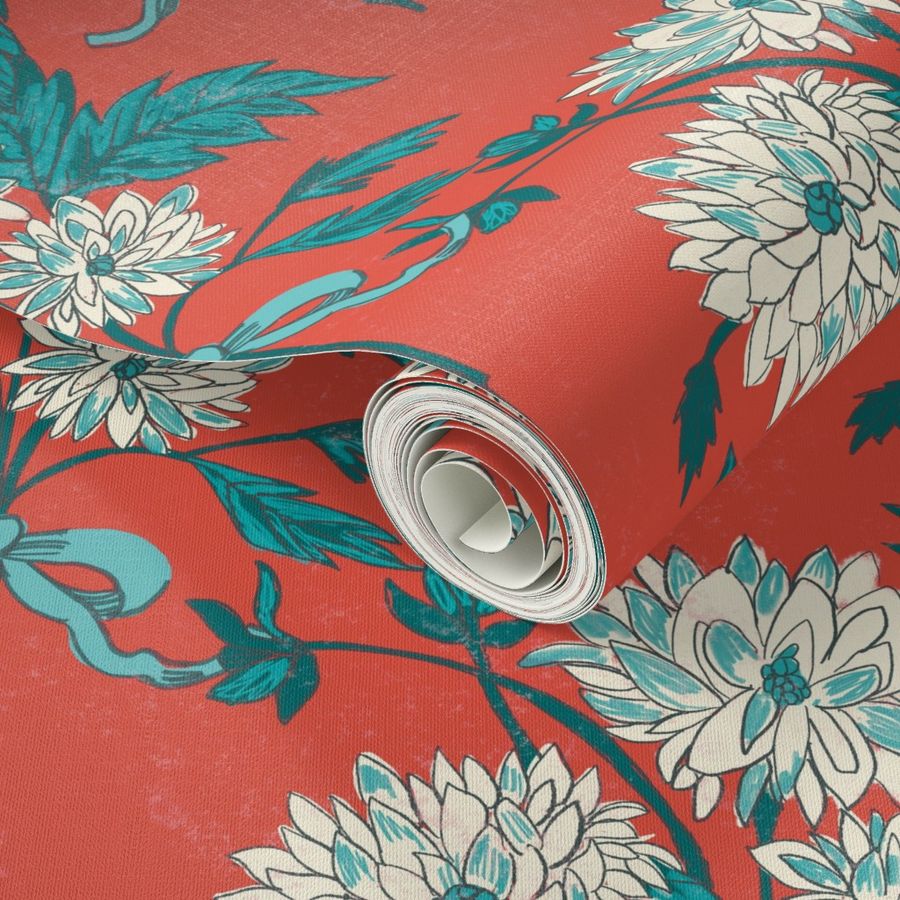 Dahlias and Ribbons, teal, white, red background, retro inspired florals, bright and bold flowers, retro flowers, bouquet pattern || LARGE