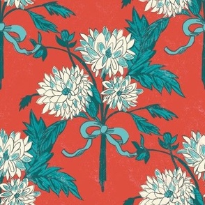Dahlias and Ribbons, teal, white, red background, retro inspired florals, bright and bold flowers, retro flowers, bouquet pattern || LARGE