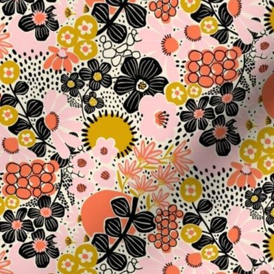 Non-directional modern flowers. Pink, orange, peach, gold, and black florals on white background. Asian-style florals - XS