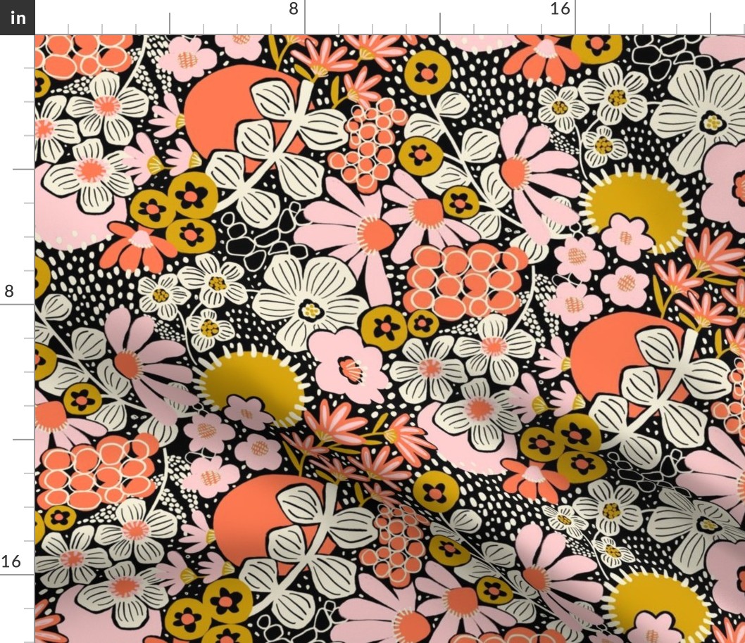 Non-directional modern flowers. Pink, orange, peach, gold, and white florals on black background. Asian-style florals - Small