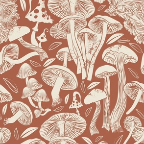 Normal scale rotated // Delicious Autumn botanical poison // amaro brown background panna cotta beige mushrooms fungus toadstool vintage retro look wallpaper
