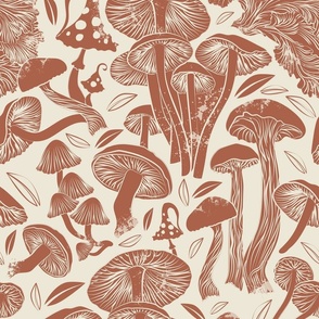 Normal scale rotated // Delicious Autumn botanical poison // panna cotta beige background  amaro brown mushrooms fungus toadstool vintage retro look wallpaper