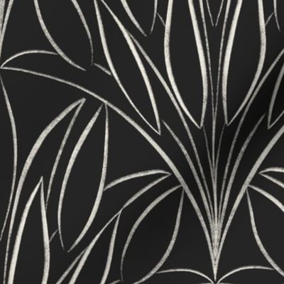 scalloped leaves - creamy white _ raisin black  - black and white brush stroke