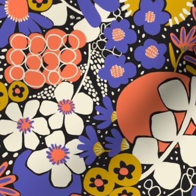 Non-directional modern flowers. Blue, Golden Yellow, Orange, white florals on black background. Asian-style florals - Small