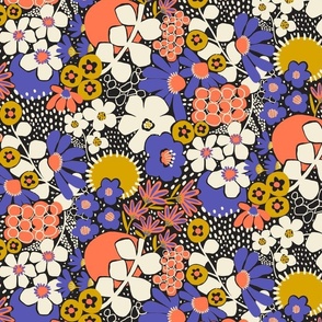 Non-directional modern flowers. Blue, Golden Yellow, Orange, white florals on black background. Asian-style florals - Small