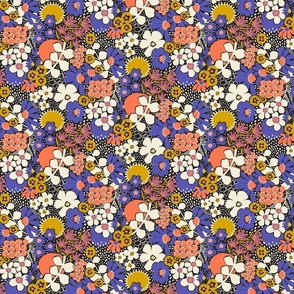 Non-directional modern flowers. Blue, Golden Yellow, Orange, white florals on black background. Asian-style florals - XS