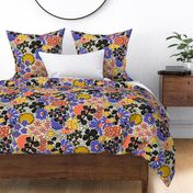 Non-directional modern flowers. Blue, Golden Yellow, Orange, and black florals on off white background. Asian-style florals - Medium