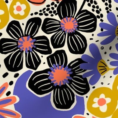 Non-directional modern flowers. Blue, Golden Yellow, Orange, and black florals on off white background. Asian-style florals - Medium