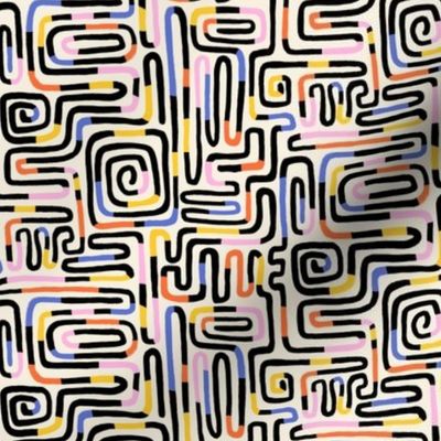 Playful Hand Drawn Line Maze/ Non-Directional Abstract Contemporary Pattern / White Background / Black White Blue Red Pink Yellow - XS