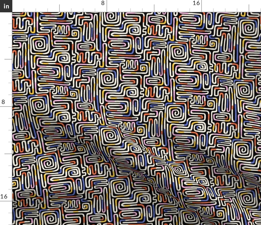 Playful Hand Drawn Line Maze/ Non-Directional Abstract Contemporary Pattern / Black Background / Black White Blue Red Pink Yellow - XS