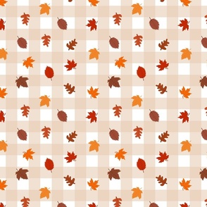 Fall Leaves on Tan Gingham Background