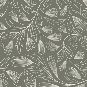 flowing flowers - creamy white _ limed ash green - pretty floral
