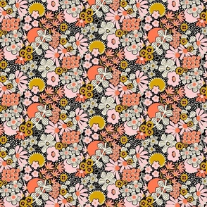 Non-directional modern flowers. Pink, orange, peach, gold, and white florals on black background. Asian-style florals - XS