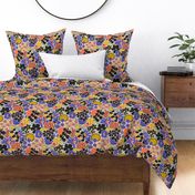 Non-directional modern flowers. Blue, Golden Yellow, Orange, and black florals on off white background. Asian-style florals - Small
