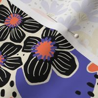 Non-directional modern flowers. Blue, Golden Yellow, Orange, and black florals on off white background. Asian-style florals - Small