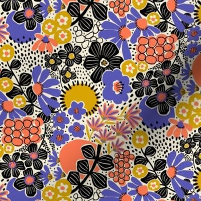 Non-directional modern flowers. Blue, Golden Yellow, Orange, and black florals on off white background. Asian-style florals - XS