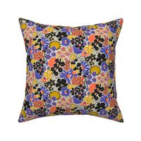 Non-directional modern flowers. Blue, Golden Yellow, Orange, and black florals on off white background. Asian-style florals - XS