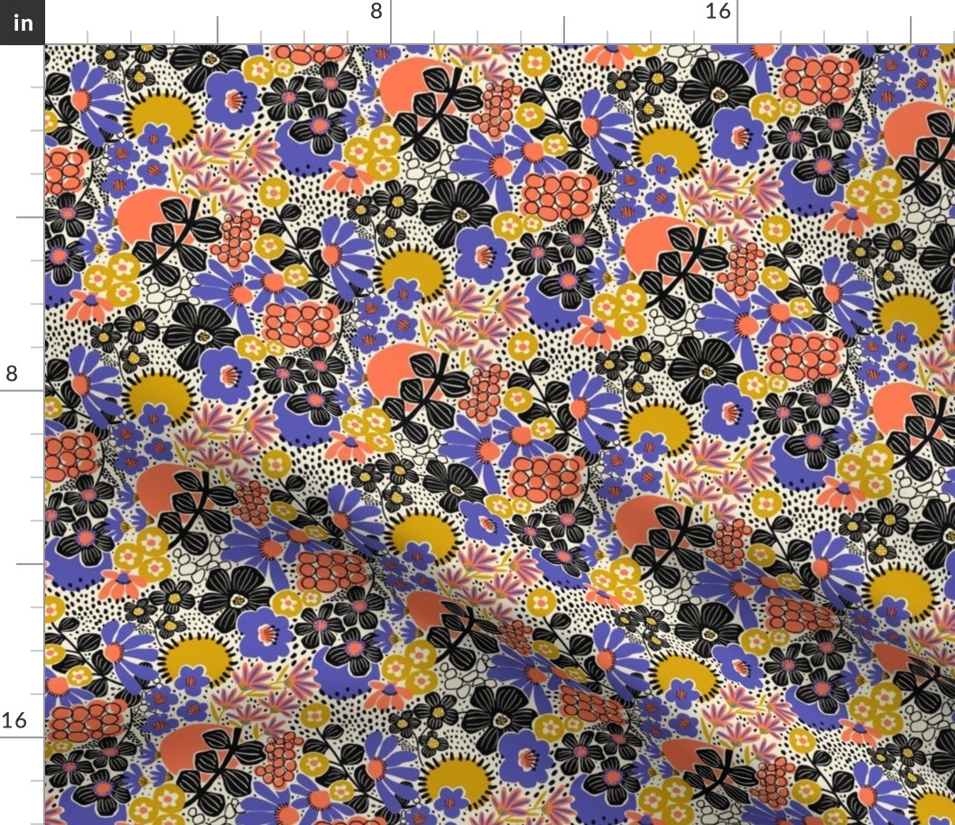 Non-directional modern flowers. Blue, Golden Yellow, Orange, and black florals on off white background. Asian-style florals - XS