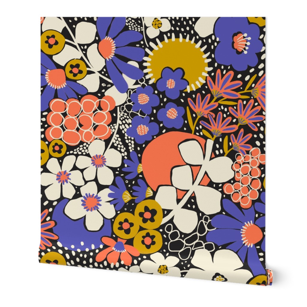 Non-directional modern flowers. Blue, Golden Yellow, Orange, White florals on Black background. Asian-style florals - Large