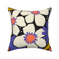 Non-directional modern flowers. Blue, Golden Yellow, Orange, White florals on Black background. Asian-style florals - Large