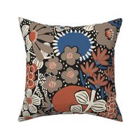 Non-directional modern flowers. Blue, brown, rusty red, white florals on black background. Asian-style florals - Medium